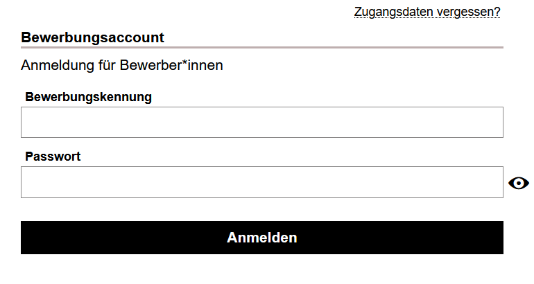 Screenshot von der Loginoberfläche für Bewerber*innen
